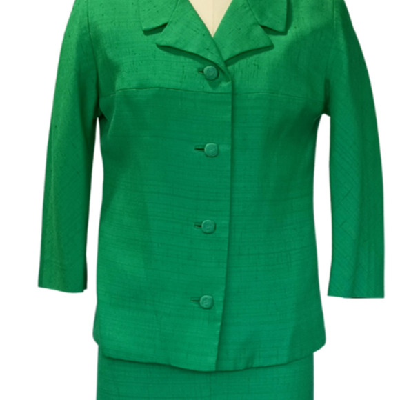 Vintage 1960s Emerald Green Skirt Suit Size S M Dupioni Mod 60s Secretary MCM - Picture 10 of 10